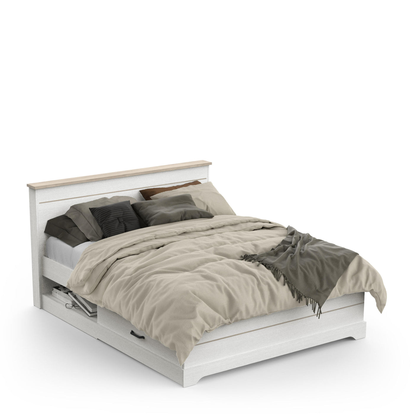 Modern wit houten bed met opberglades en beige dekbed, geplaatst in een stijlvolle slaapkamer.