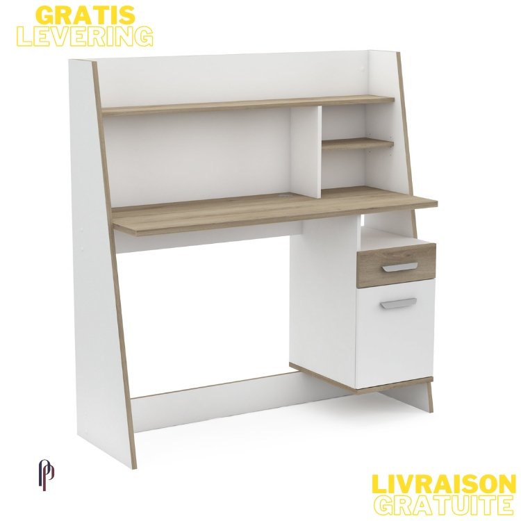 Modern wit bureau met houten accenten, voorzien van opbergplanken, een lade en een kastdeur. Ideaal voor thuiswerkplek of kantoor, biedt voldoende opbergruimte en een georganiseerde werkruimte.