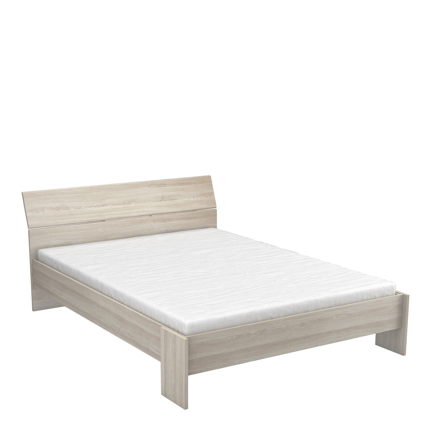 Modern licht houten tweepersoonsbed met een minimalistisch design en een hoog hoofdbord, perfect voor een eigentijdse slaapkamer.