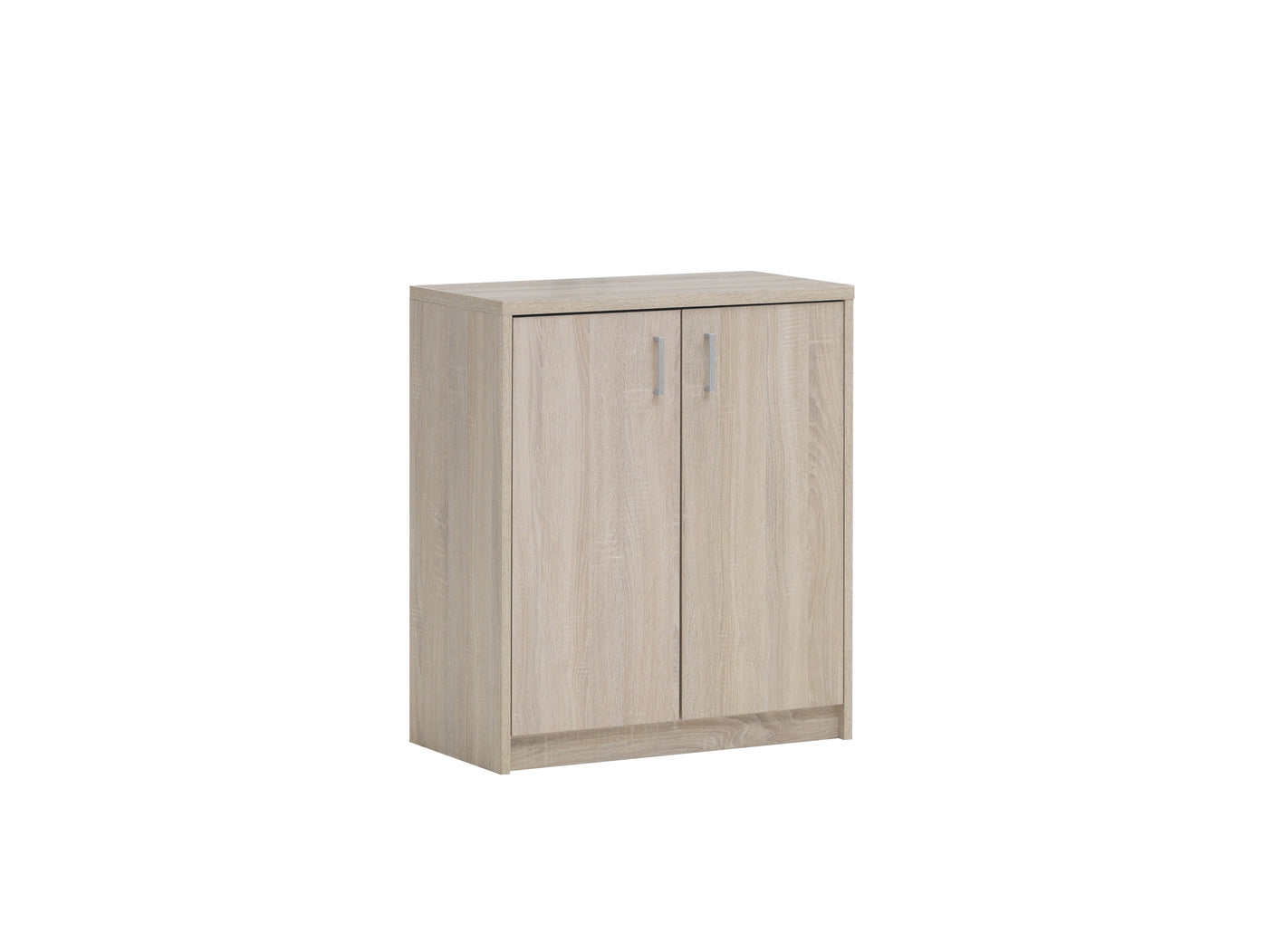 Compacte houten opbergkast met twee deuren, ideaal voor kantoor of thuiswerkplek. Strak en functioneel ontwerp biedt voldoende opbergruimte voor documenten en kantoorbenodigdheden.