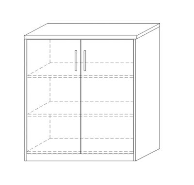 Tekening van een compacte opbergkast met twee deuren en meerdere schappen, ideaal voor kantoor of thuiswerkplek. Functioneel ontwerp voor georganiseerde opslag van documenten en kantoorbenodigdheden.
