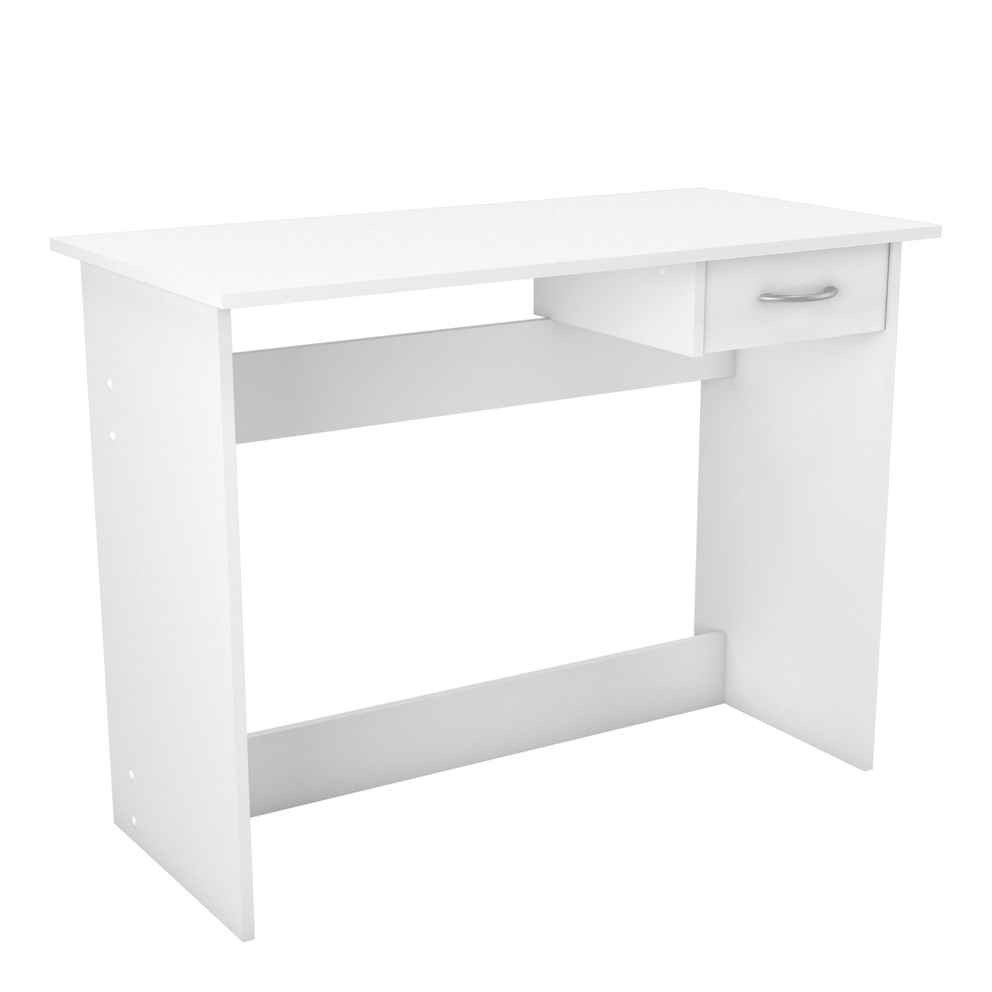 Wit bureau met enkele lade, ideaal voor een thuiswerkplek of studeerkamer. Eenvoudig en functioneel ontwerp geschikt voor werk of studie.