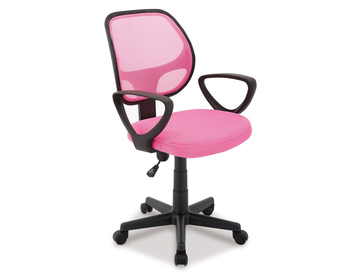 Roze ergonomische bureaustoel met mesh rugleuning en verstelbare hoogte. Moderne stoel met armleuningen en wielen, ideaal voor comfort en ondersteuning in een kantoor of thuiswerkplek.