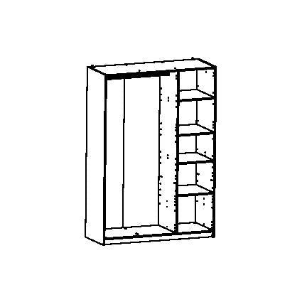 Schematische tekening van een kast met een open sectie aan de linkerkant en zes planken aan de rechterkant.
