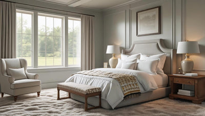 Stijlvolle moderne slaapkamer met een neutrale kleurenpalet, voorzien van een groot tweepersoonsbed, houten meubilair zoals een nachtkastje en een grote kledingkast met spiegeldeuren, naast een witte bakstenen muur en decoratieve planten.