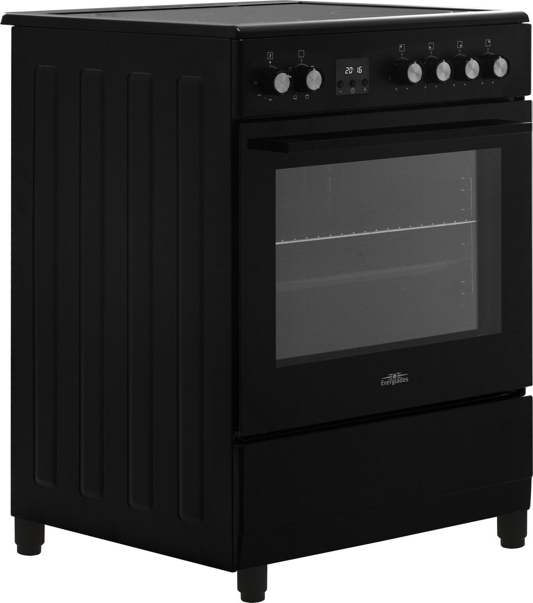 Everglades EVCK6135 – Vrijstaand Keramisch Fornuis – 60 cm – 4 Kookzones – 56 L Oven – Digitale Timer – 6 Ovenfuncties – Mat Zwart – 5 Jaar Garantie