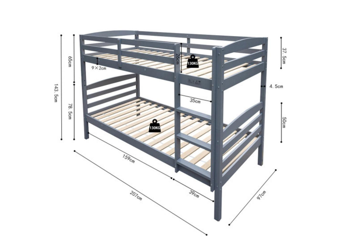 Blauw houten stapelbedframe met lattenbodems en aangegeven afmetingen en gewichtscapaciteit, zonder matrassen, geplaatst op een witte achtergrond.