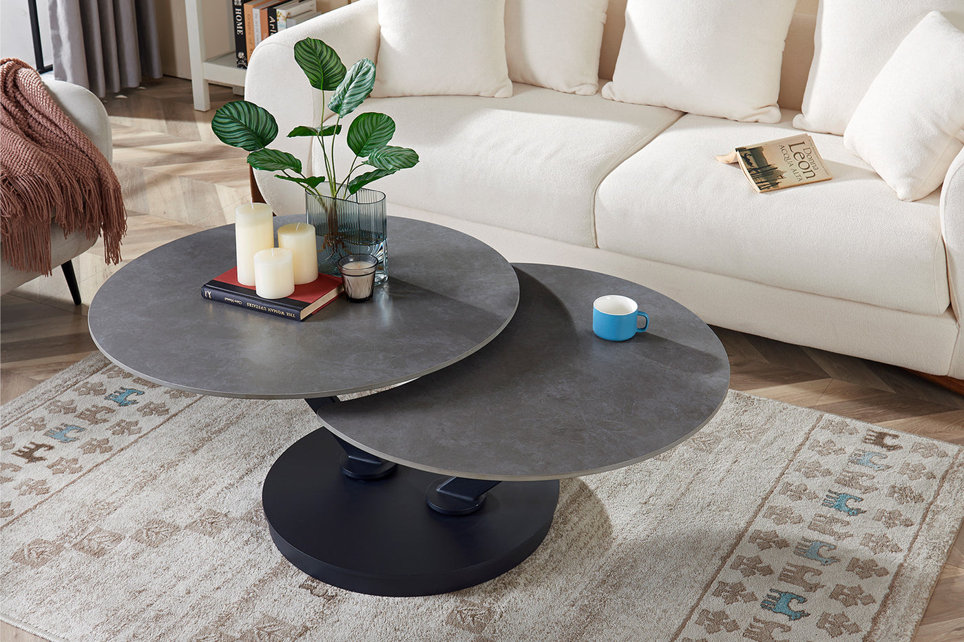 Salontafel 'Nara' – Rond & Draaibaar – Steen Lichtgrijs