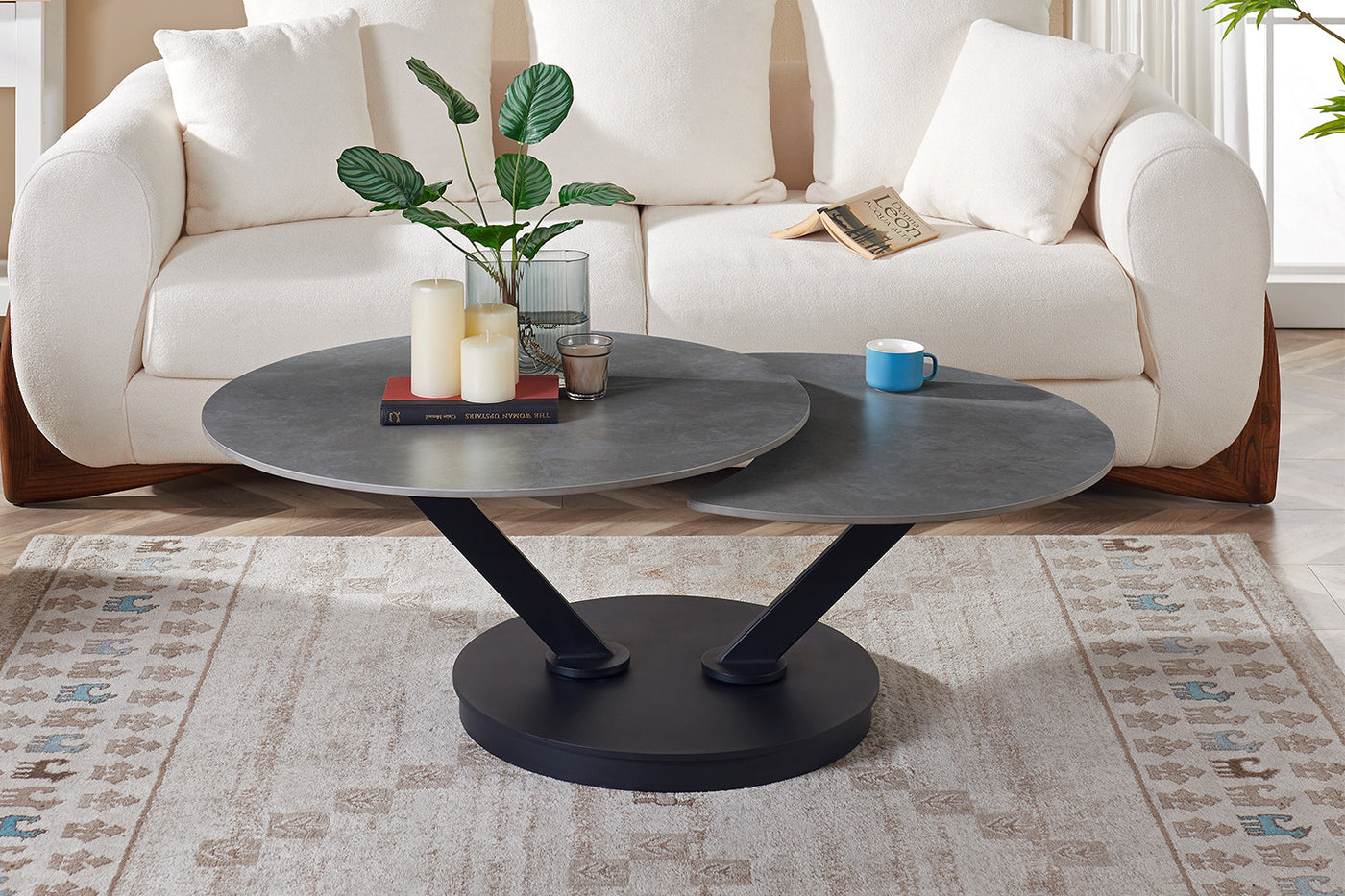 Salontafel 'Nara' – Rond & Draaibaar – Steen Lichtgrijs