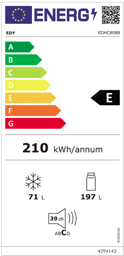 EDY EDHC8088 – Koel-vriescombinatie – RVS – 198L Koelruimte – 71L Vriesruimte – Waterdispenser – Energieklasse E – 180 cm – 5 jaar garantie