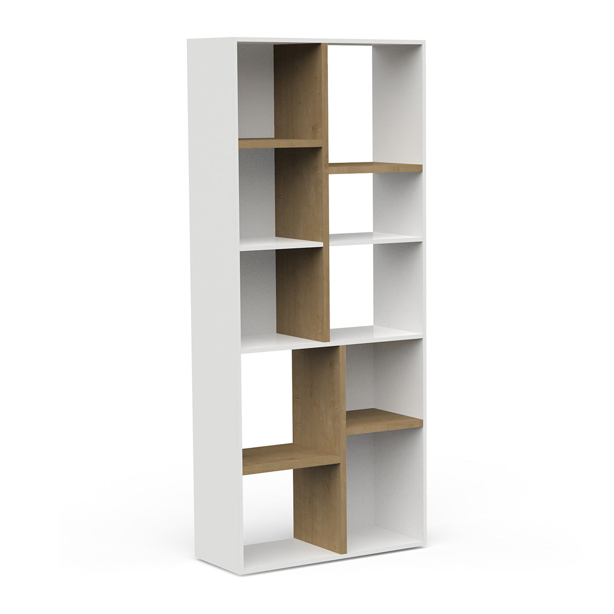 Moderne boekenkast met een witte afwerking en houten accenten. De kast heeft een open ontwerp met asymmetrische planken in een mix van wit en houtkleur, die zorgen voor een eigentijdse uitstraling.