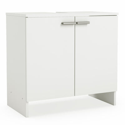 Witte onderkast voor de keuken met geopende deur, voorzien van een intern schap. Compact ontwerp geschikt voor opslag onder de gootsteen. Ideaal voor georganiseerde keukenopslag.