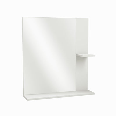 Moderne witte keukenwandplank met spiegel, voorzien van een klein schap voor extra opbergruimte. Ideaal voor een georganiseerde en stijlvolle keukenindeling.