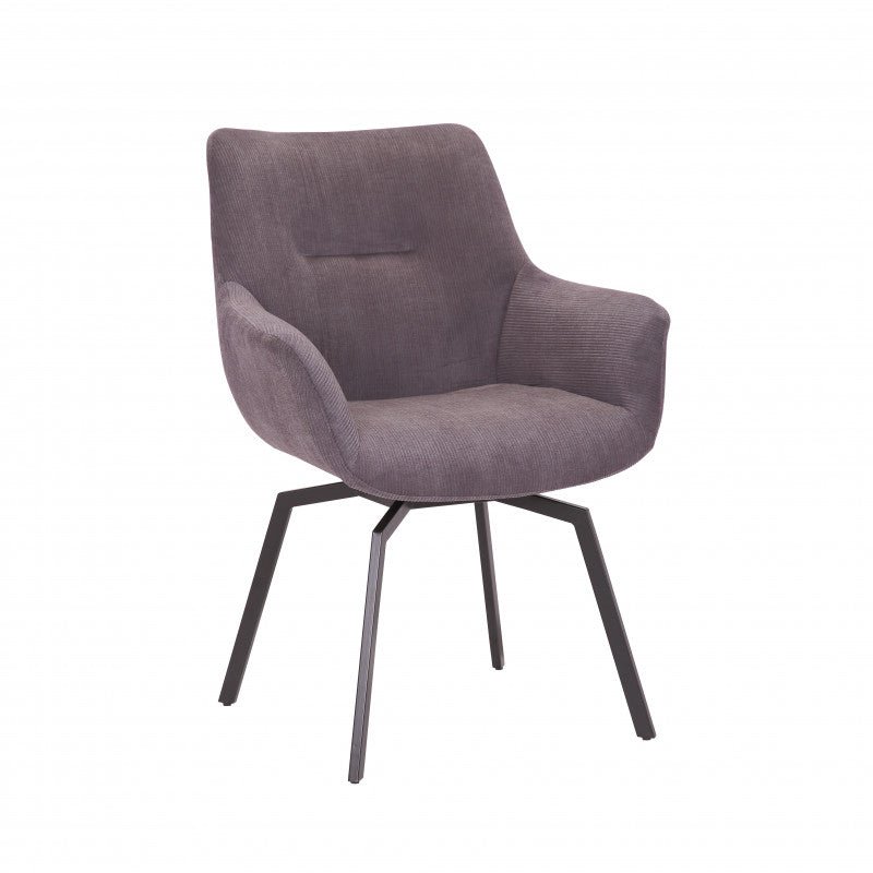 Moderne taupe fluwelen stoel met een comfortabele gewatteerde zitting en stijlvolle zwarte metalen poten, ideaal voor een levendig en trendy interieur.