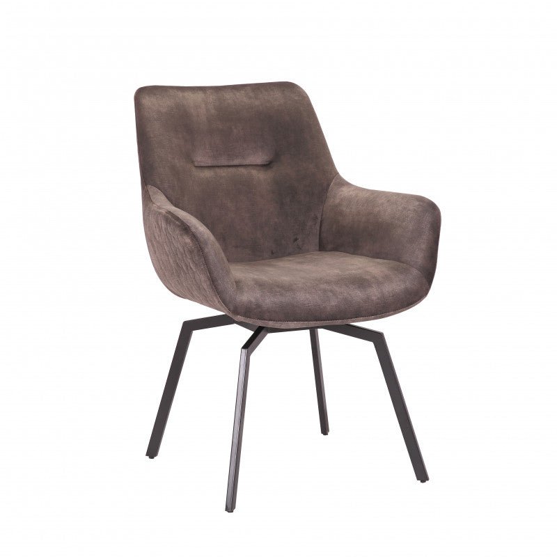 Moderne taupe fluwelen stoel met een comfortabele gewatteerde zitting en stijlvolle zwarte metalen poten, ideaal voor een levendig en trendy interieur.