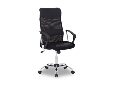 Ergonomische zwarte bureaustoel met mesh rugleuning, verstelbare hoogte en armleuningen. Ideaal voor comfort en ondersteuning tijdens langdurig werken in een kantoor of thuiswerkplek.