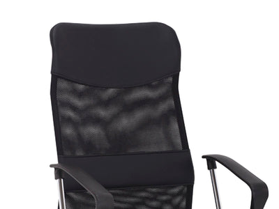 Ergonomische zwarte bureaustoel met mesh rugleuning, verstelbare hoogte en armleuningen. Ideaal voor comfort en ondersteuning tijdens langdurig werken in een kantoor of thuiswerkplek.