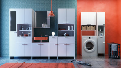 Moderne keuken met witte kasten en rode accenten, inclusief opbergkasten, lades, open planken en ingebouwde wasmachine. Perfect voor georganiseerde keukenopslag en een stijlvolle uitstraling.